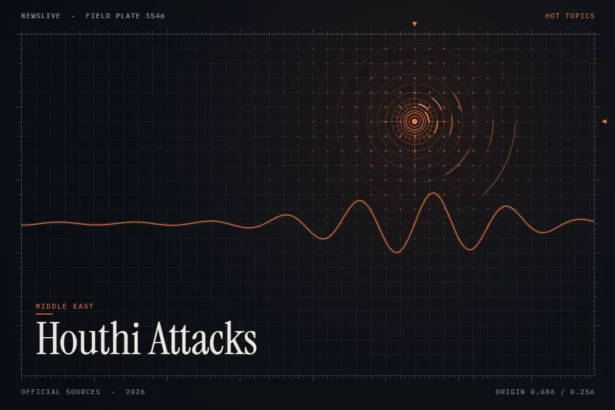 Houthi attacks on Saudi Arabia news illustration: orange signal rings and waveform with the title Houthi Attacks