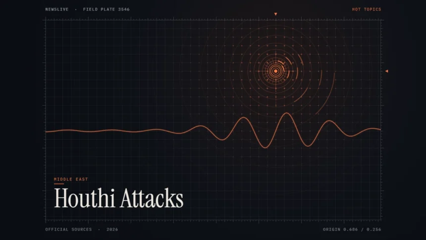 Houthi attacks on Saudi Arabia news illustration: orange signal rings and waveform with the title Houthi Attacks