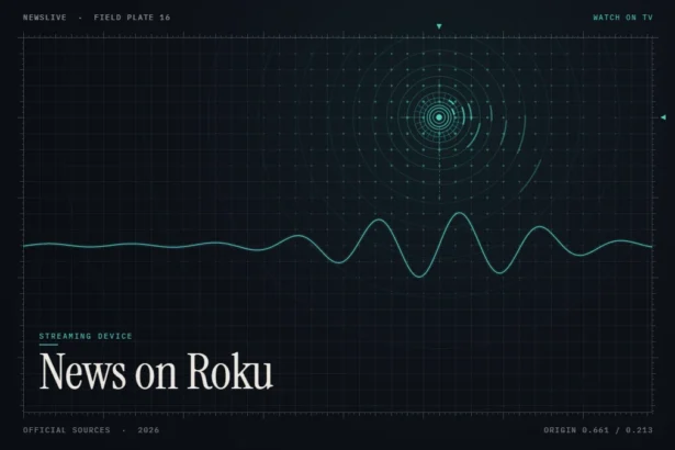 News channels on Roku guide illustration: teal signal rings and waveform with the title News on Roku