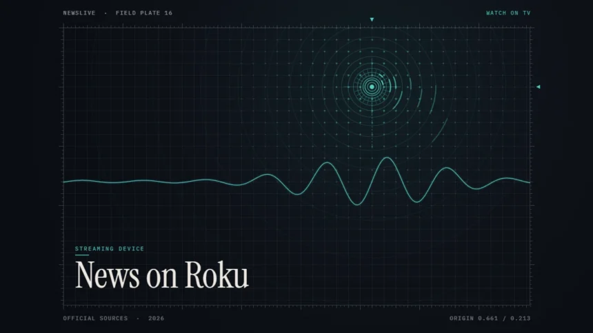 News channels on Roku guide illustration: teal signal rings and waveform with the title News on Roku