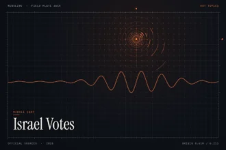 Israel election news illustration: orange signal rings and waveform with the title Israel Votes