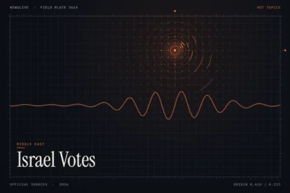 Israel election news illustration: orange signal rings and waveform with the title Israel Votes