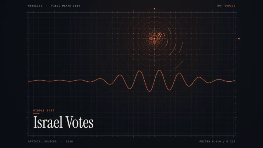 Israel election news illustration: orange signal rings and waveform with the title Israel Votes