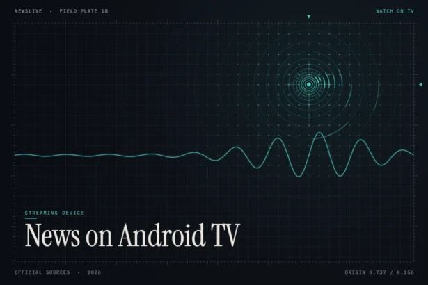 Live news on Android TV guide illustration: teal signal waveform with the title News on Android TV