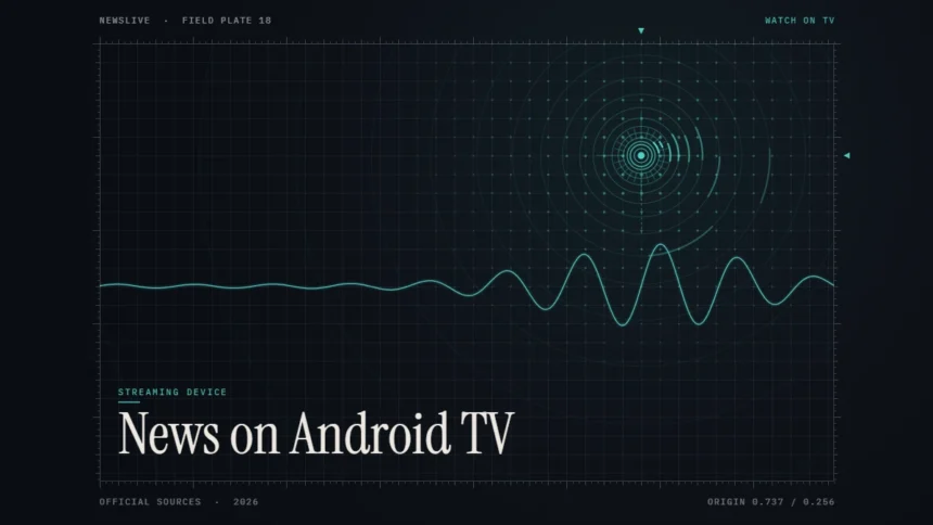 Live news on Android TV guide illustration: teal signal waveform with the title News on Android TV