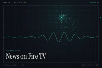 Live news on Fire TV guide illustration: teal broadcast rings over a grid with the title News on Fire TV