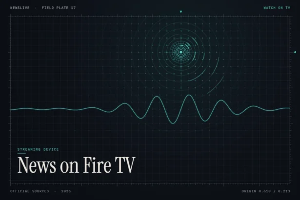 Live news on Fire TV guide illustration: teal broadcast rings over a grid with the title News on Fire TV