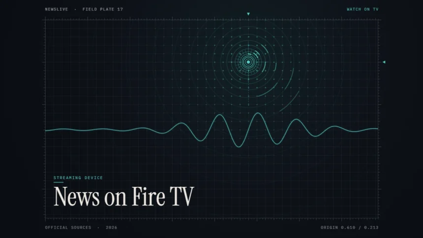 Live news on Fire TV guide illustration: teal broadcast rings over a grid with the title News on Fire TV