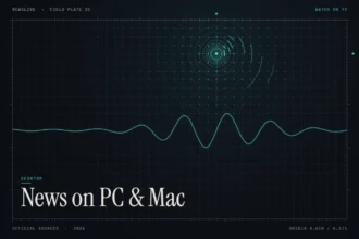 Watch live news on PC guide illustration: teal broadcast rings with the title News on PC & Mac