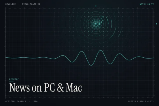 Watch live news on PC guide illustration: teal broadcast rings with the title News on PC & Mac