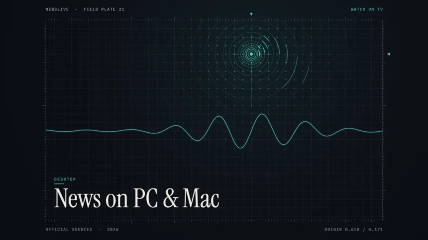Watch live news on PC guide illustration: teal broadcast rings with the title News on PC & Mac
