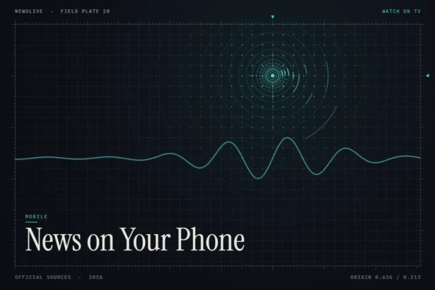 Watch live news on phone guide illustration: teal signal rings and waveform with the title News on Your Phone