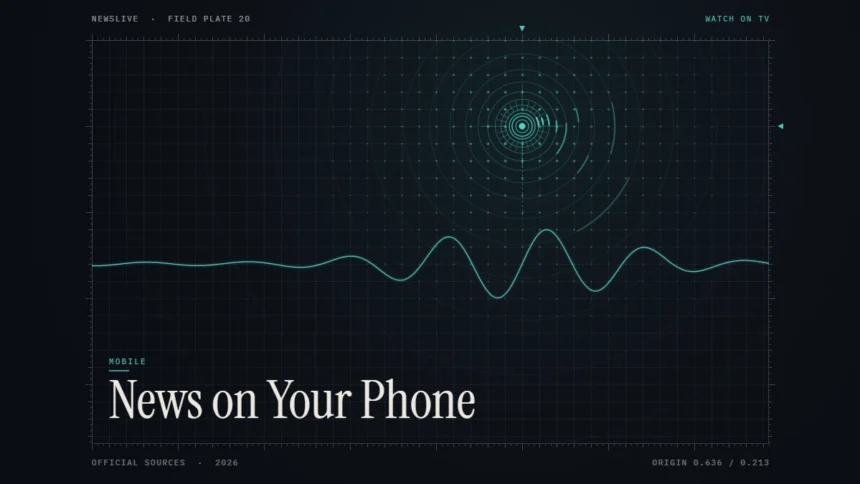 Watch live news on phone guide illustration: teal signal rings and waveform with the title News on Your Phone