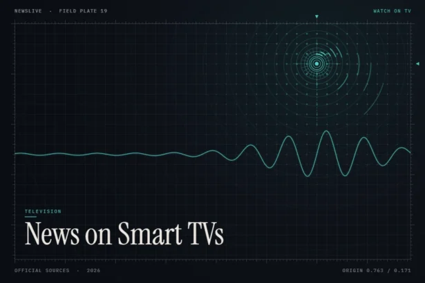 Live news on smart TV guide illustration: teal signal rings with the title News on Smart TVs