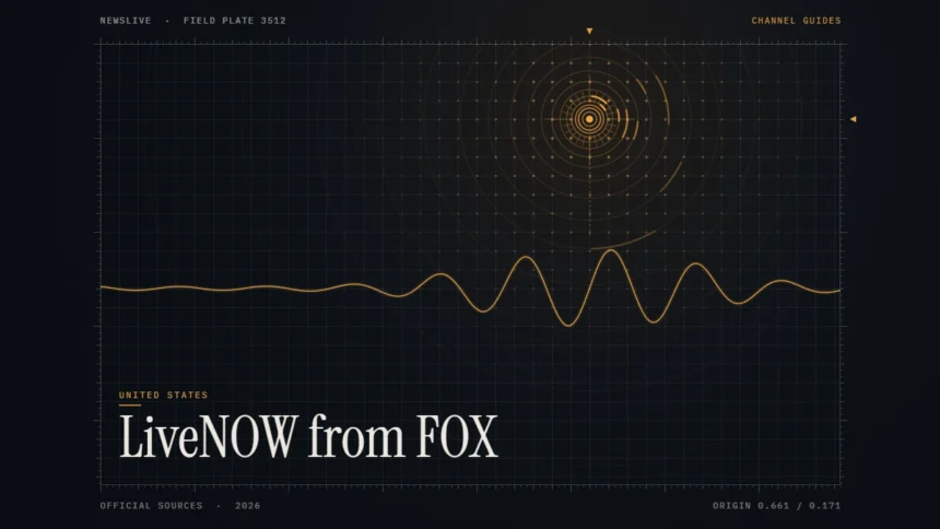 LiveNOW from FOX Free guide illustration: amber signal rings and waveform with the title LiveNOW from FOX