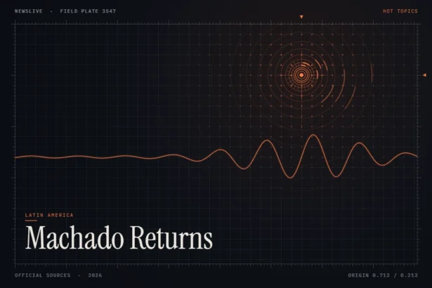 Machado returns to Venezuela news illustration: orange signal rings and waveform with the title Machado Returns