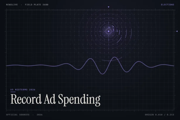 midterm ad spending illustration: abstract signal design with the title Record Ad Spending