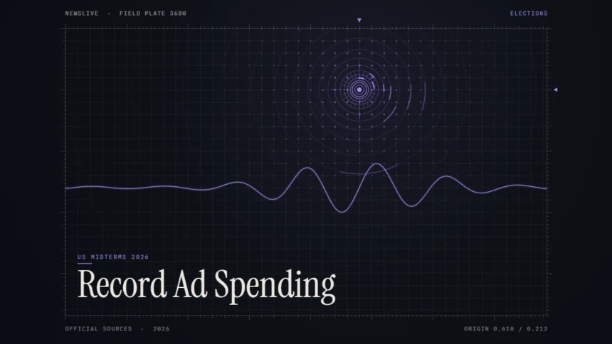 midterm ad spending illustration: abstract signal design with the title Record Ad Spending