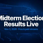Watch midterm election results live guide illustration: glowing blue US map with results bars and the title Midterm Election Results Live