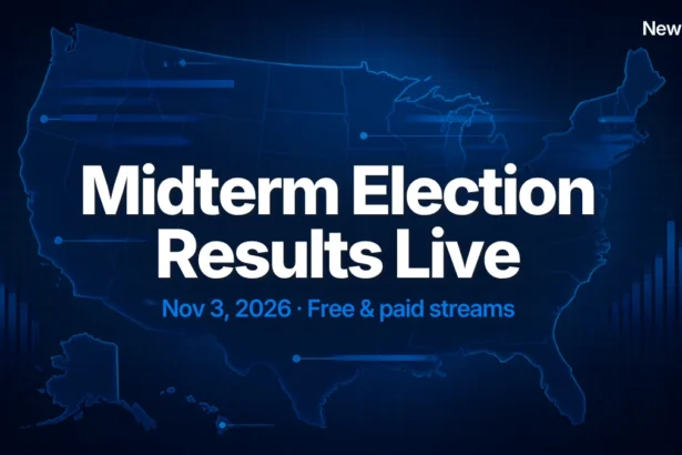Watch midterm election results live guide illustration: glowing blue US map with results bars and the title Midterm Election Results Live