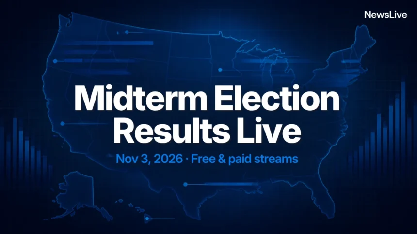 Watch midterm election results live guide illustration: glowing blue US map with results bars and the title Midterm Election Results Live