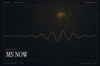 MSNBC live stream guide illustration: amber signal rings and waveform with the title MS NOW