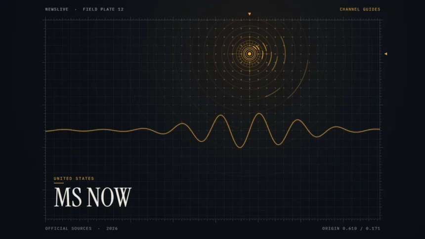 MSNBC live stream guide illustration: amber signal rings and waveform with the title MS NOW