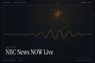 nbc news now live guide illustration: amber signal rings and waveform with the title NBC News NOW Live