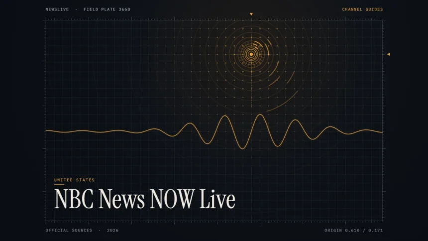 nbc news now live guide illustration: amber signal rings and waveform with the title NBC News NOW Live