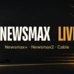 Newsmax live guide illustration: TV and phone with gold signal waves and the title Newsmax Live