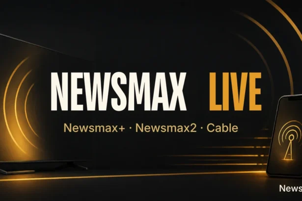 Newsmax live guide illustration: TV and phone with gold signal waves and the title Newsmax Live