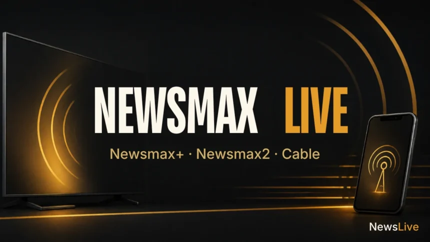 Newsmax live guide illustration: TV and phone with gold signal waves and the title Newsmax Live