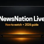 NewsNation live guide illustration: TV screen with amber signal waves and the title NewsNation Live