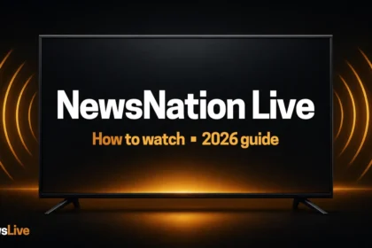 NewsNation live guide illustration: TV screen with amber signal waves and the title NewsNation Live