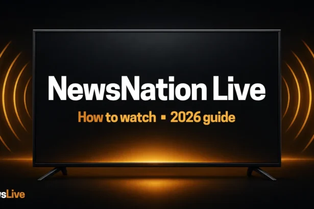 NewsNation live guide illustration: TV screen with amber signal waves and the title NewsNation Live