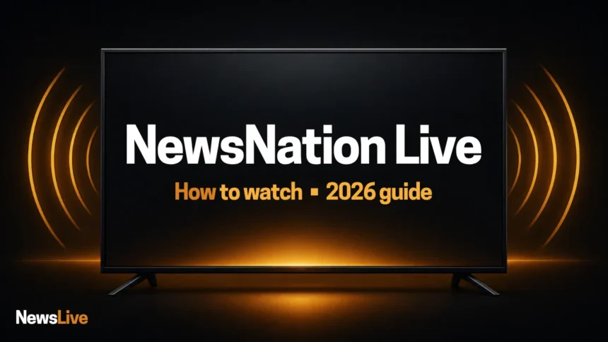 NewsNation live guide illustration: TV screen with amber signal waves and the title NewsNation Live