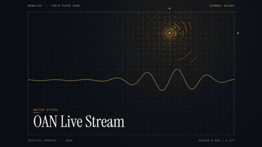 OAN live stream guide illustration: amber signal rings and waveform with the title OAN Live Stream