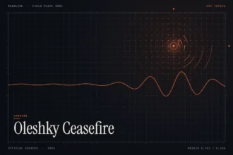oleshky ceasefire news illustration: orange signal rings and waveform with the title Oleshky Ceasefire