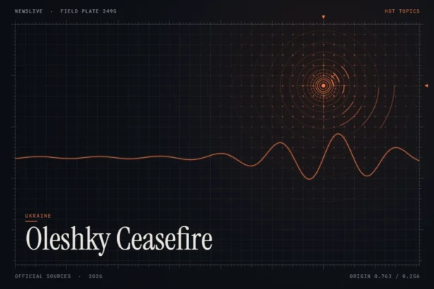 oleshky ceasefire news illustration: orange signal rings and waveform with the title Oleshky Ceasefire