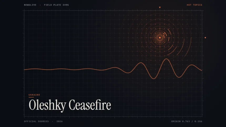 oleshky ceasefire news illustration: orange signal rings and waveform with the title Oleshky Ceasefire