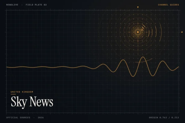 Sky News live guide illustration: amber signal rings over a measurement grid with the title Sky News