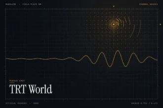 TRT World live guide illustration: amber broadcast rings and waveform with the title TRT World