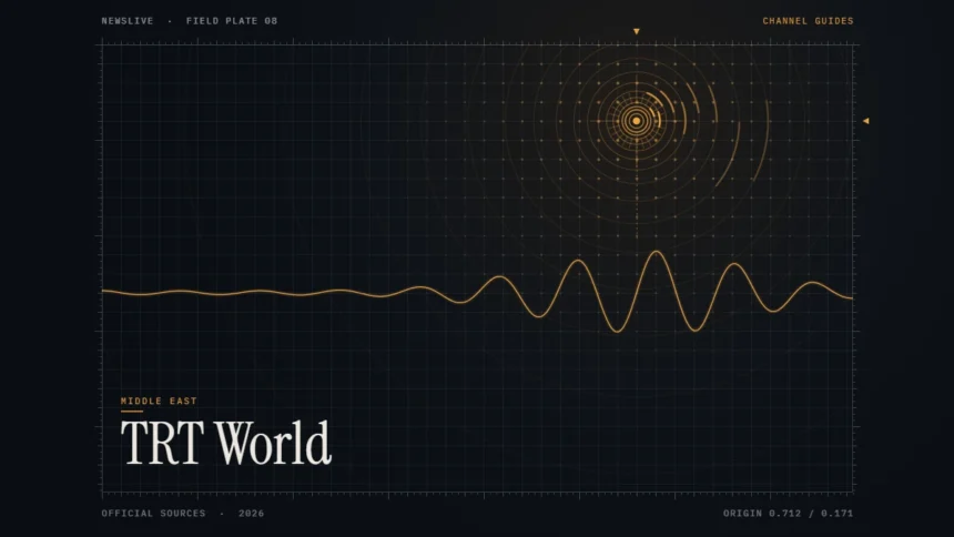 TRT World live guide illustration: amber broadcast rings and waveform with the title TRT World