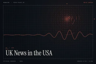 Watch UK news in the USA guide illustration: coral signal rings and waveform with the title UK News in the USA