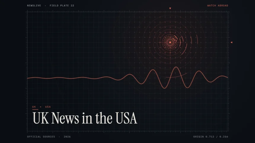 Watch UK news in the USA guide illustration: coral signal rings and waveform with the title UK News in the USA