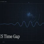 UK US time difference guide illustration: blue signal rings and waveform with the title UK US Time Gap
