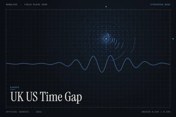 UK US time difference guide illustration: blue signal rings and waveform with the title UK US Time Gap