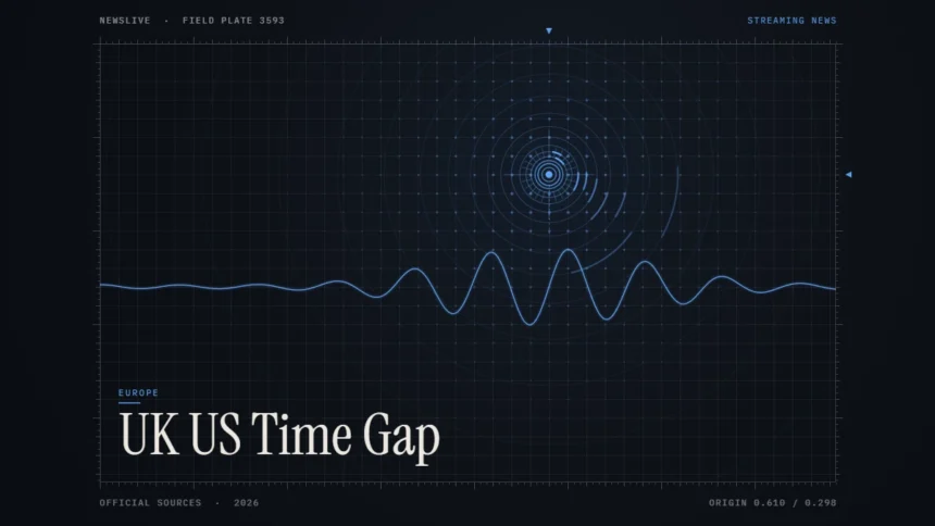 UK US time difference guide illustration: blue signal rings and waveform with the title UK US Time Gap