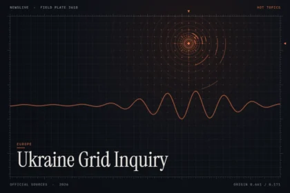 Ukraine energy attacks news illustration: orange signal rings and waveform with the title Ukraine Grid Inquiry