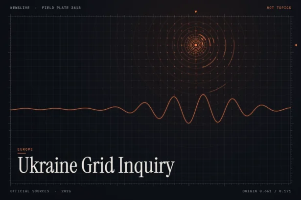 Ukraine energy attacks news illustration: orange signal rings and waveform with the title Ukraine Grid Inquiry
